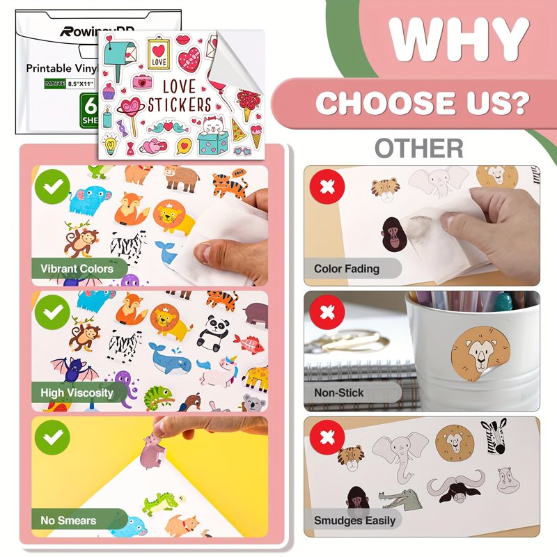 Printable Vinyl Sticker Paper for Inkjet & Laser Printers Waterproof 60 Sheets 8.5x11 Matte White