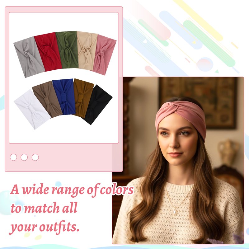 Wide Non-Slip Fashion Headbands for Women - 10 Pack Boho & Workout Styles