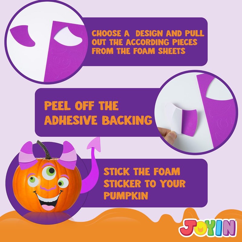 Joyfy 16 Pack Halloween Foam Pumpkin Decorating Kit - 16 Designs, Kids Party Favors