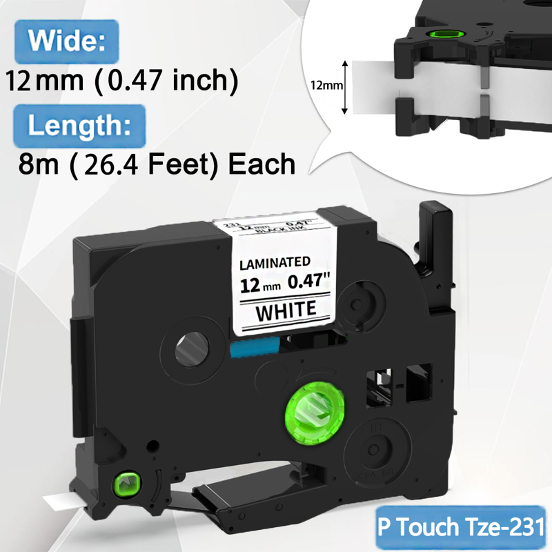 12mm Laminated Label Tape Refill 5-Pack for Brother P-Touch Label Makers