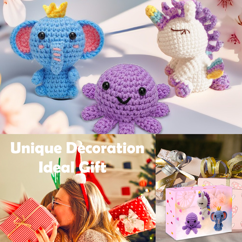Crochet Animal Kit for Beginners - DIY Unicorn, Elephant, Octopus Craft Set