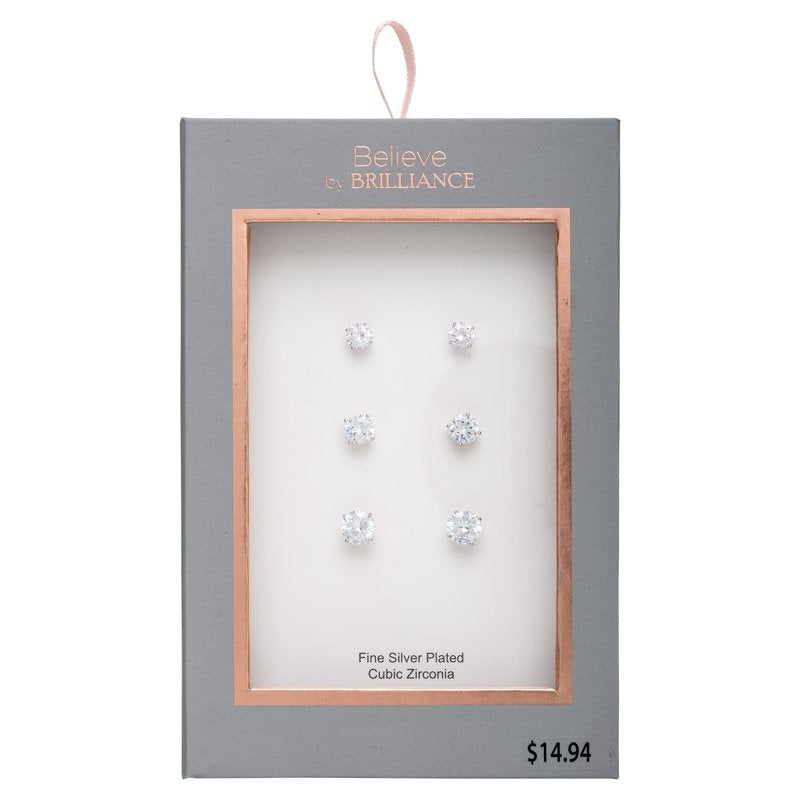 Women's Silver Plated Cubic Zirconia Round Stud Earrings 3 Pack