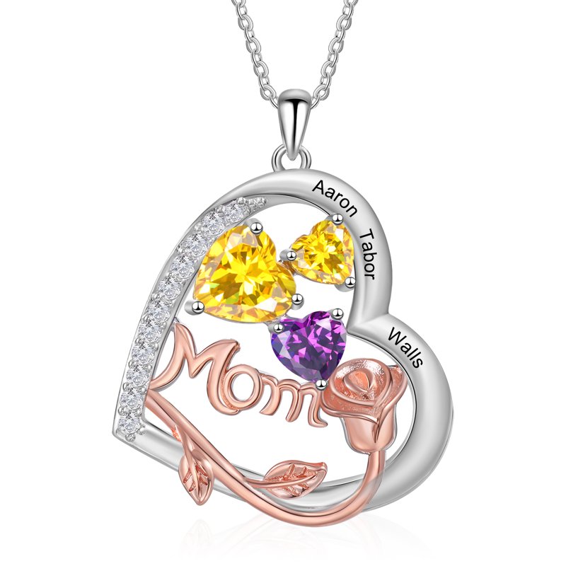 Personalized Brass Heart Necklace with Birthstones for Mom - Family Jewelry