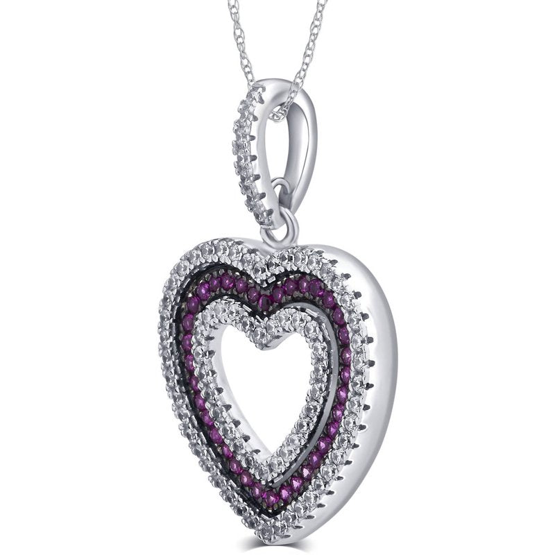 Sterling Silver Heart Pendant Necklace with CZ and Ruby 18 Inch Chain