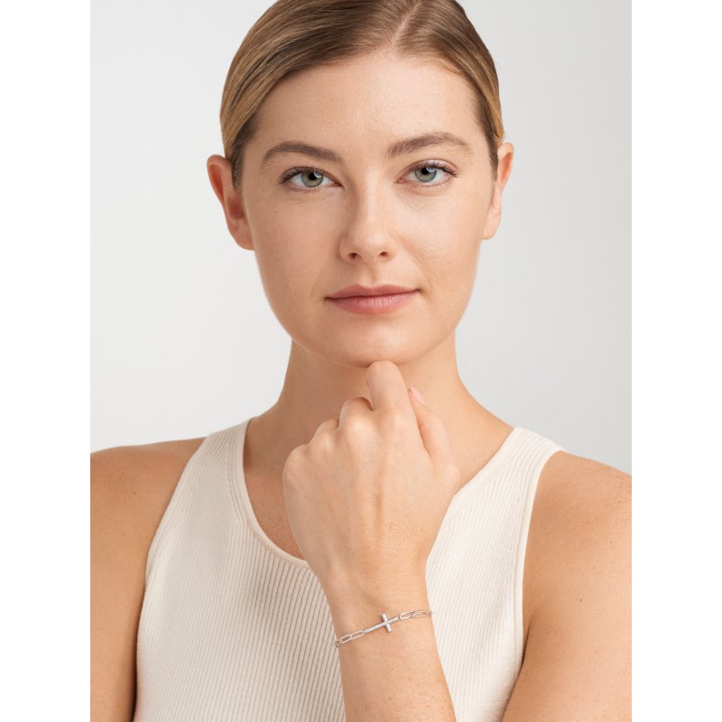 Sterling Silver CZ Cross Paperclip Bracelet with Extender - Hypoallergenic Jewelry