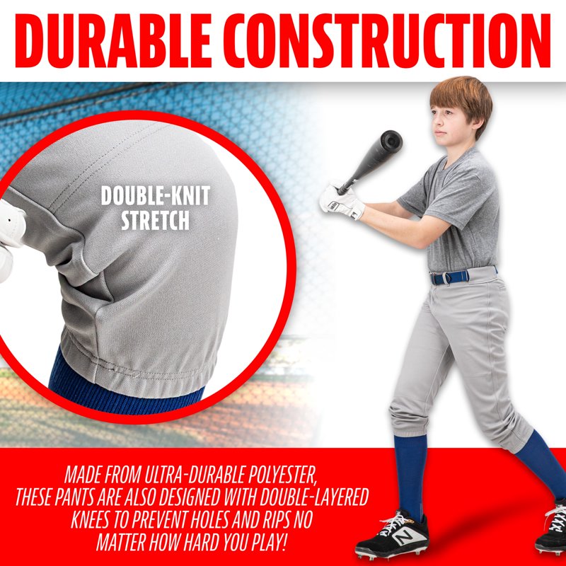 Youth Baseball & Softball Pants with Adjustable Waist and Double Knees - Grey, Small
