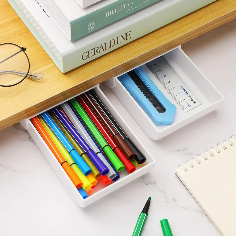 Under-Desk Drawer Organizer and Pen Holder for Workspace Storage