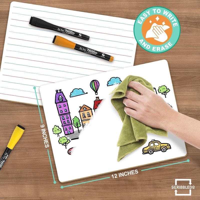 Lined Dry Erase Boards Set of 5 | 9x12 Inch Reusable Whiteboards with Markers & Erasers