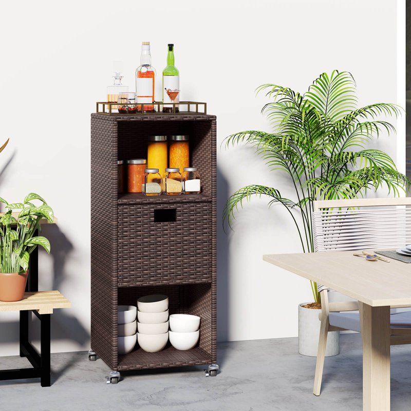 Outdoor Storage Cabinet with Shelves, Drawer & Wheels for Porch Garden