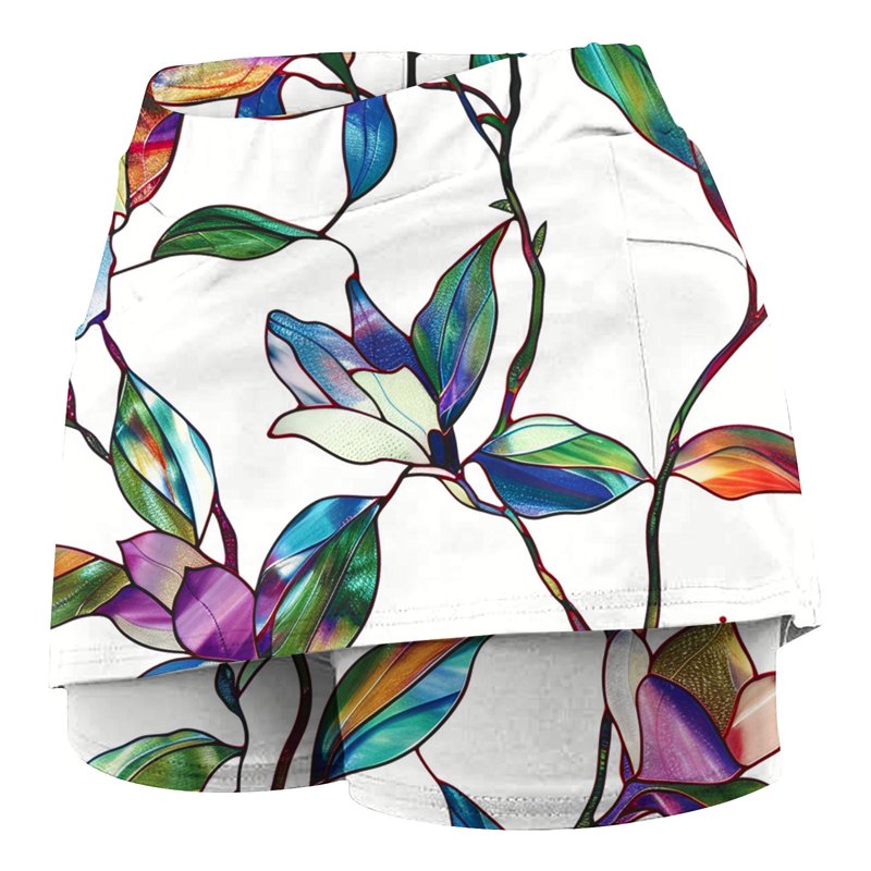 Women's Summer Golf Skort with Shorts Pockets High Waist Floral Pleated A-Line White