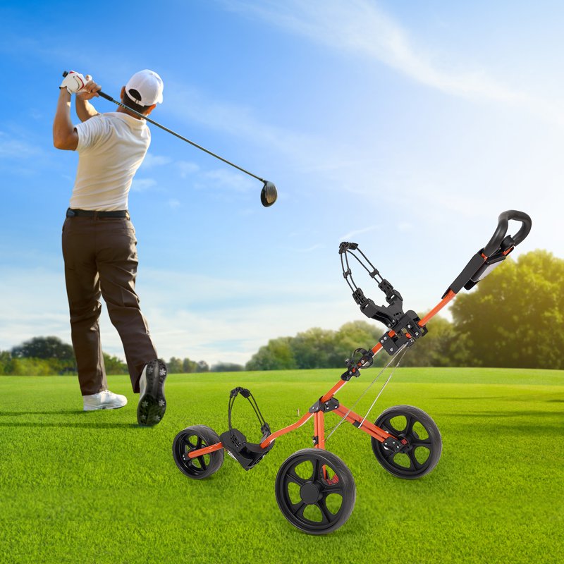 Naipo 3-Wheel Golf Push Cart with Adjustable Handle, Scoreboard & Cup Holder – Orange (Variation: Orange)