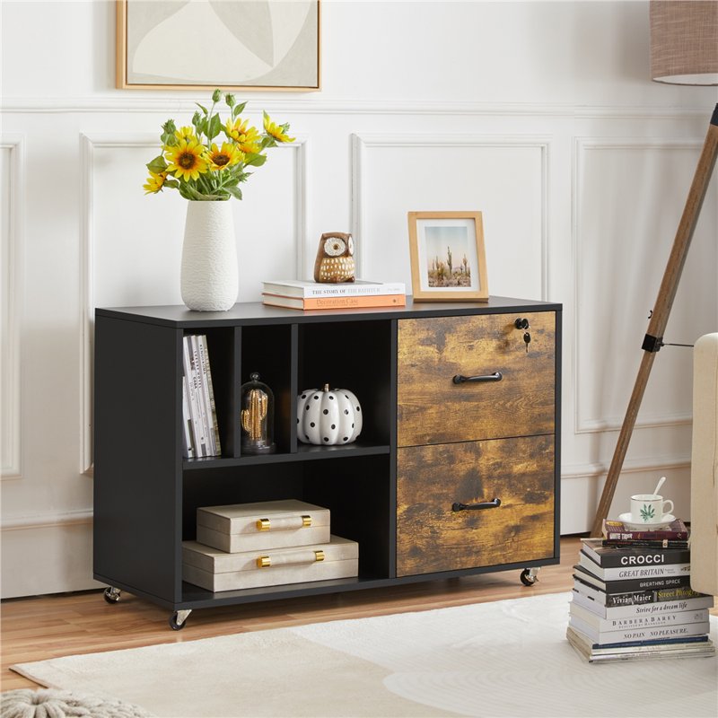 Rolling File Cabinet with 2 Drawers and Open Shelving - Rustic Brown Office Storage