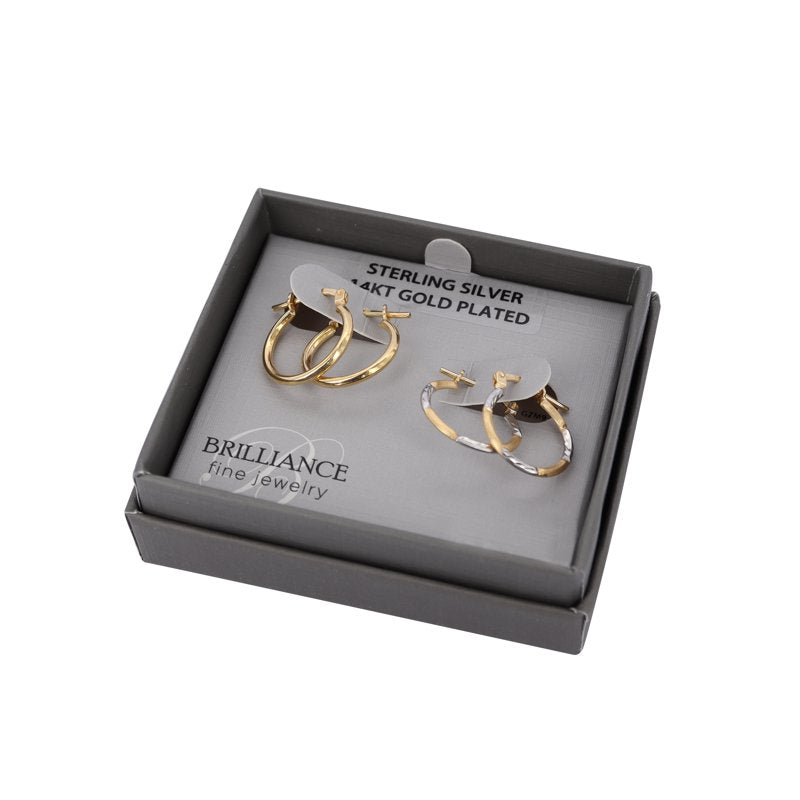 14K Gold Plated Sterling Silver Hoop Earrings Set - 2 Pairs, Diamond Cut, Hypoallergenic
