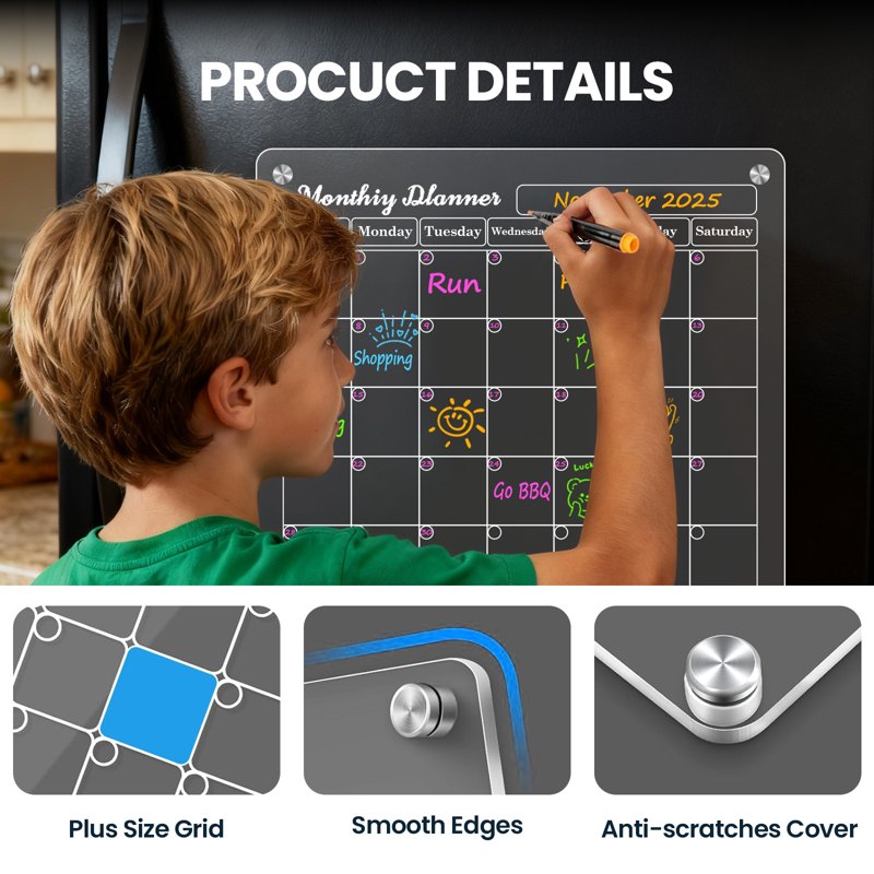 Magnetic Acrylic Calendar Set for Fridge - Dry Erase Weekly & Monthly Planner with Markers