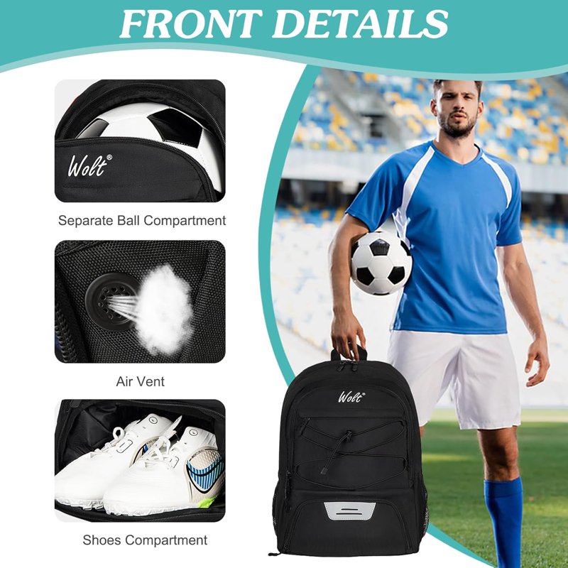 WOLT Soccer Backpack with Ball Holder & Shoe Compartment - Variation: Black