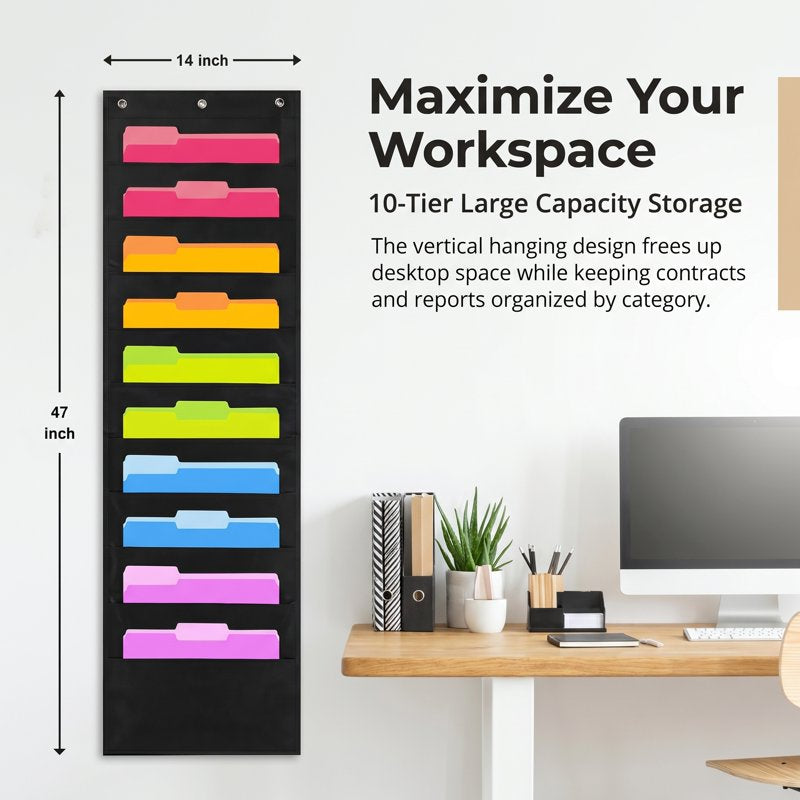 10-Tier Wall Mount File Organizer for Office & Classroom - Heavy Duty Vertical Storage