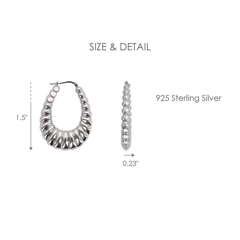 Sterling Silver Hoop Earrings for Women Rhodium Plated Oval Shrimp Style