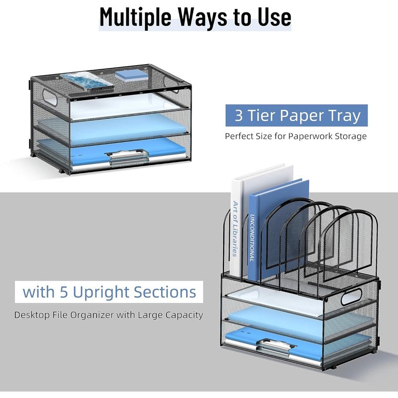 3-Tier Desk Organizer with File Holders - Metal Mesh Office Storage