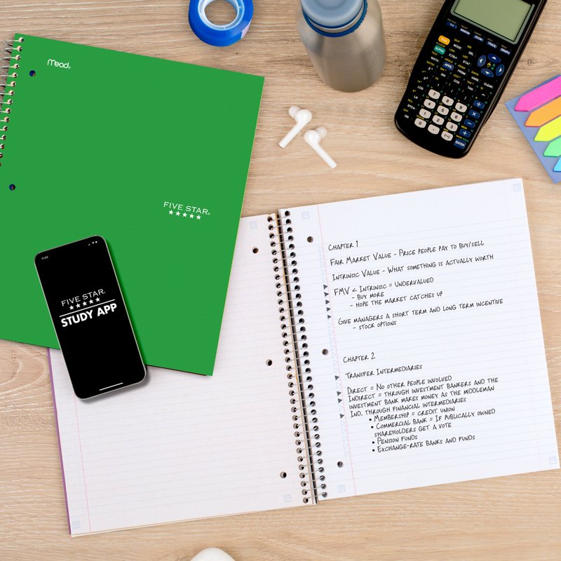 5-Subject Spiral Notebook with Study App, 8.5 x 11 College Ruled, Water-Resistant Cover