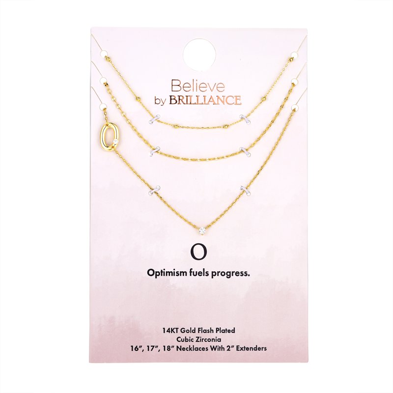 Initial Necklace Set with 3 Gold Flash-Plated Chains and Cubic Zirconia - All Letters
