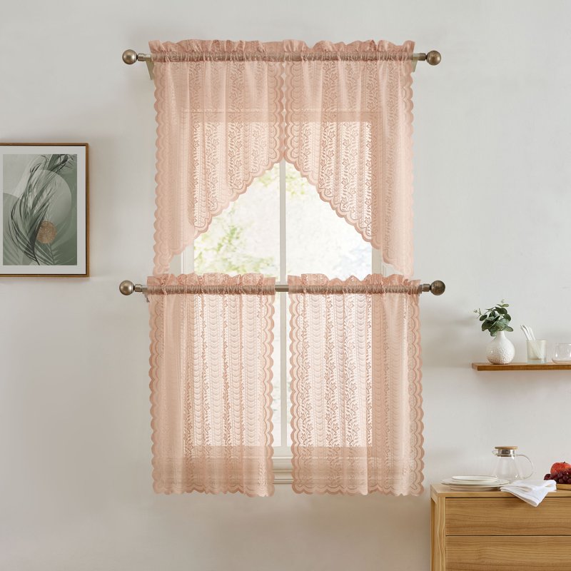 Semi Sheer Floral Lace Window Curtain Tiers for Small Windows - Set of 2