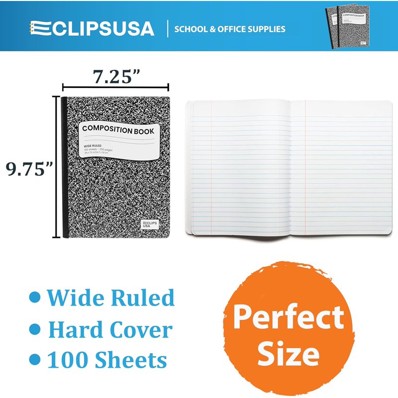 Wide Ruled Composition Notebook Hard Cover Marble 100 Sheets 48 Pack