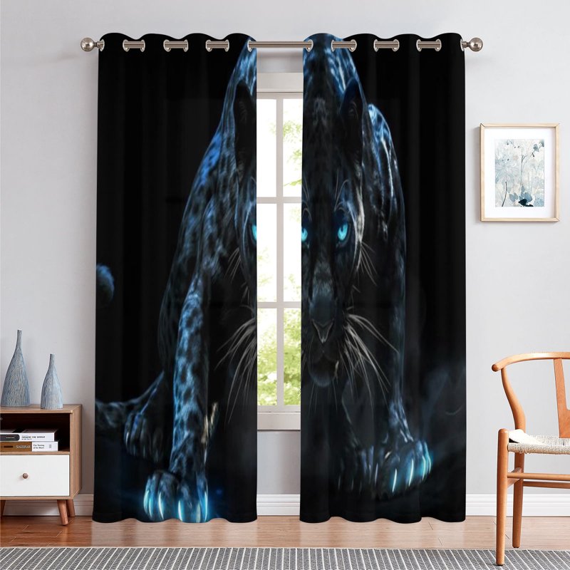 Neon Blue Eyes Black Panther Window Curtains - Blackout Drapes for Bedroom & Living Room