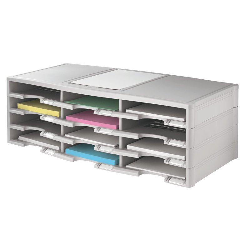 Stackable Plastic Literature Organizer with 12 Compartments and Label Holders - Gray