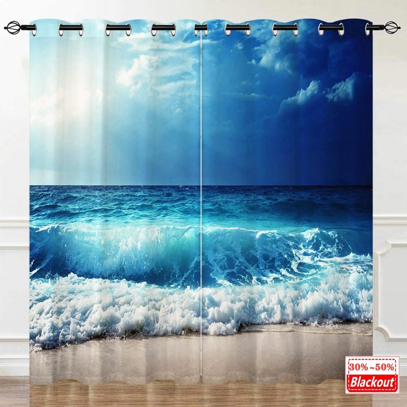 Beach Theme Window Curtains - Ocean Tropical Sea Waves Print Waterproof Grommet Drapes
