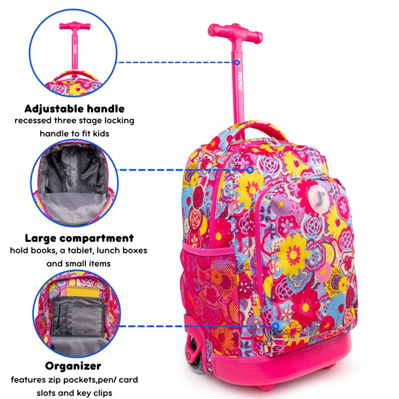 Kids 17-Inch Rolling Backpack for School & Travel with Wheels & Organizer