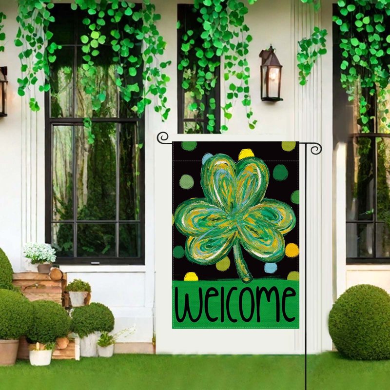 Double Sided St. Patrick's Day Garden Flag with Shamrocks and Four-Leaf Clovers