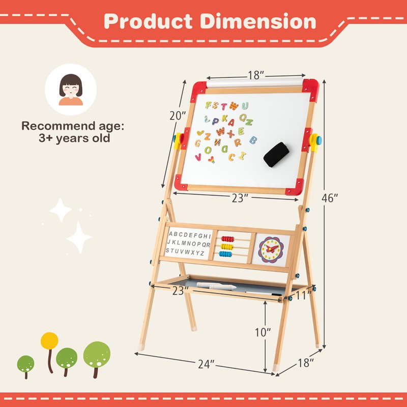 Kids Wooden Art Easel with Double Sided Chalkboard & Whiteboard, Paper Roll & Storage Tray