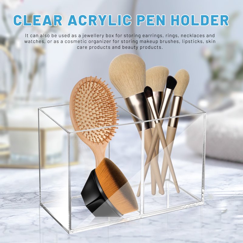 Clear Acrylic Pen & Makeup Brush Organizer with Multiple Compartments for Desk and Home