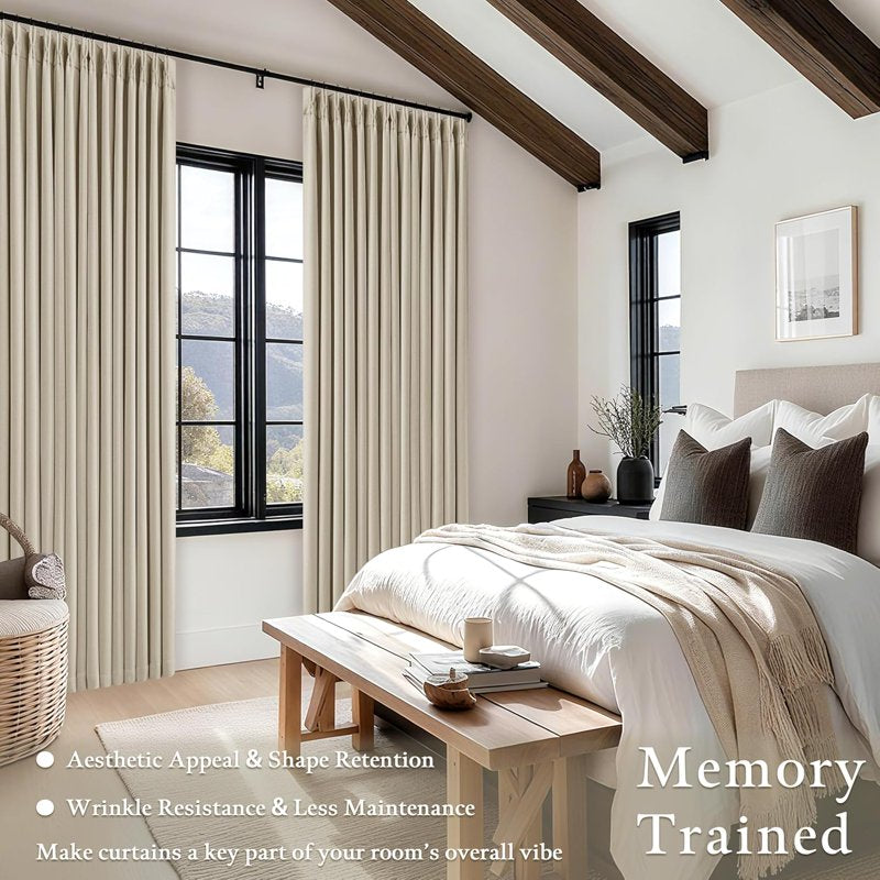 Linen Curtains 108 Inch Long Set - Cream Ivory Semi Sheer Pleated Drapes for Living Room & Bedroom
