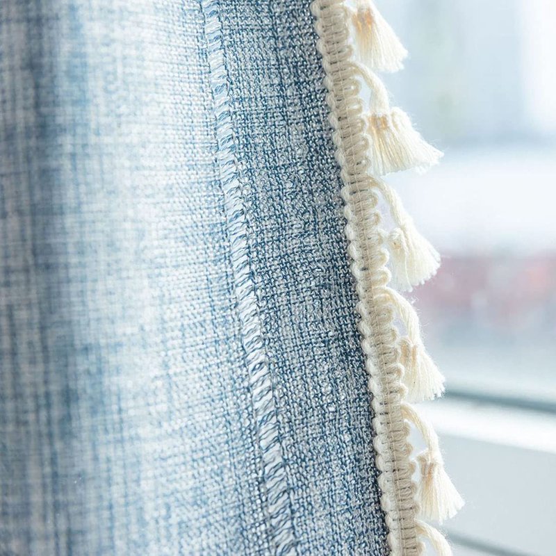 Boho Embroidered Kitchen Tier Curtains with Tassels - Farmhouse Linen Texture, Blue, 24x35 Inches