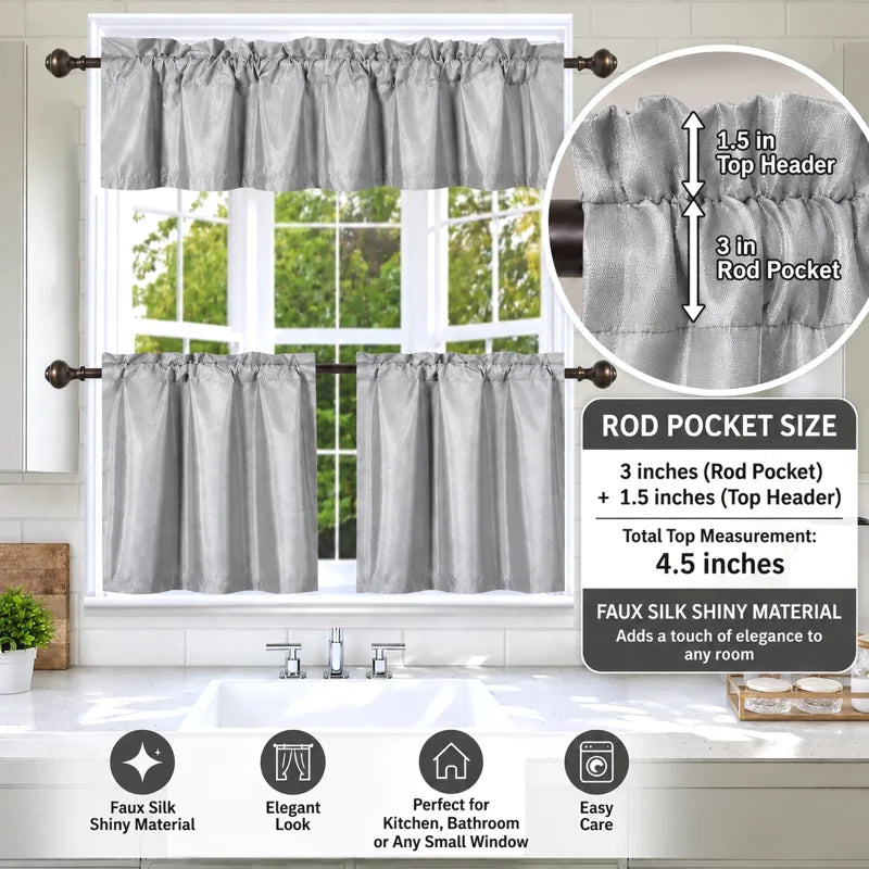 Faux Silk Blackout Kitchen Curtain Set - 3 Piece Window Treatment with Valance
