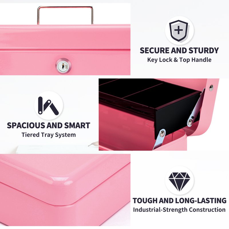 Metal Piggy Bank with Key Lock and Money Tray - Secure Cash and Jewelry, Pink & Black