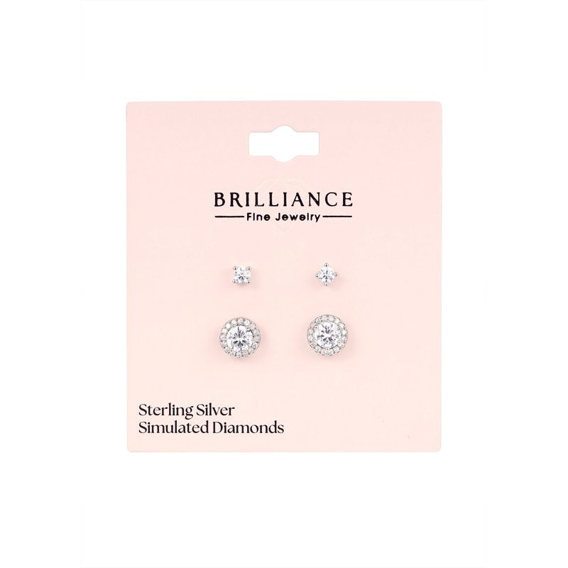 Sterling Silver Simulated Diamond Earring Set with Halo and Studs