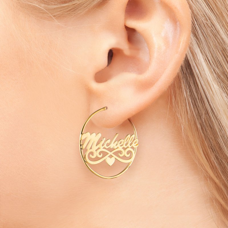Personalized Silver or Gold Over Silver Hoop Earrings with Name and Heart Tail
