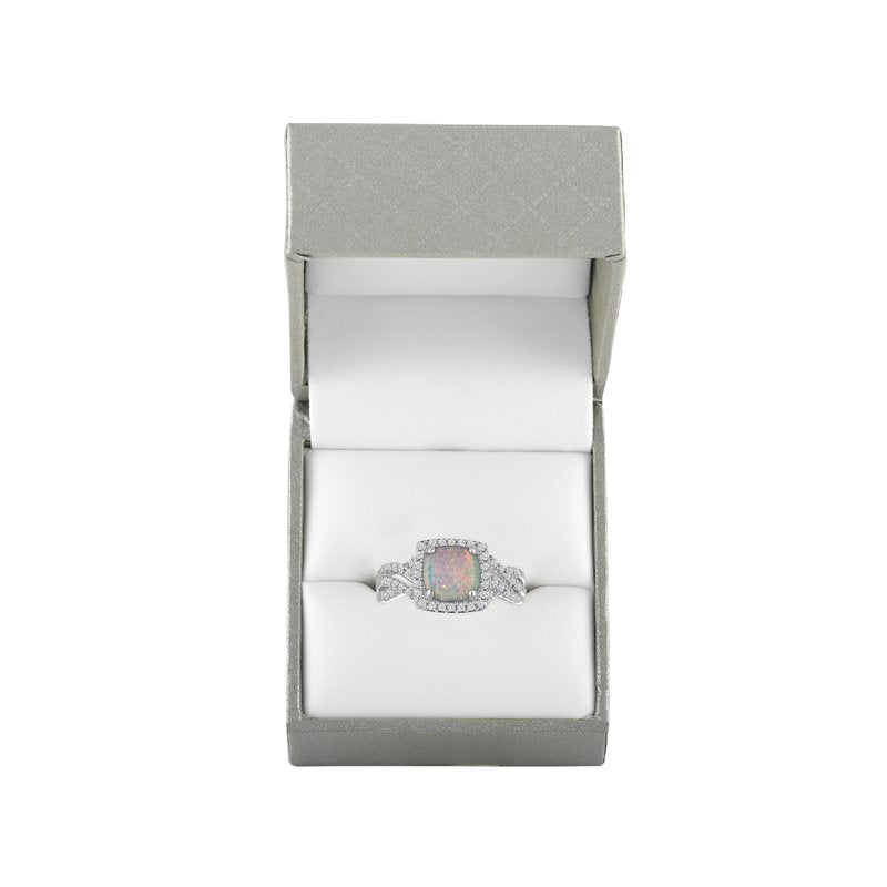 Ladies Sterling Silver Lab-Created Opal & CZ Ring – Cushion Style, Size 7