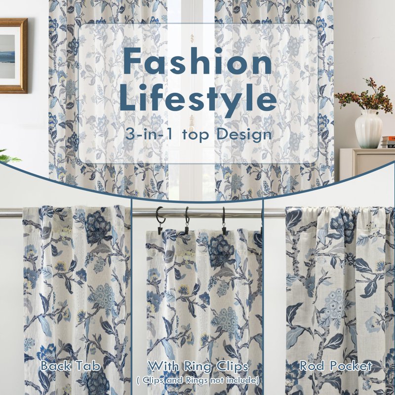 Thermal Insulated Linen Blend Blackout Window Curtains Set of 2 - Floral Botanical Pattern