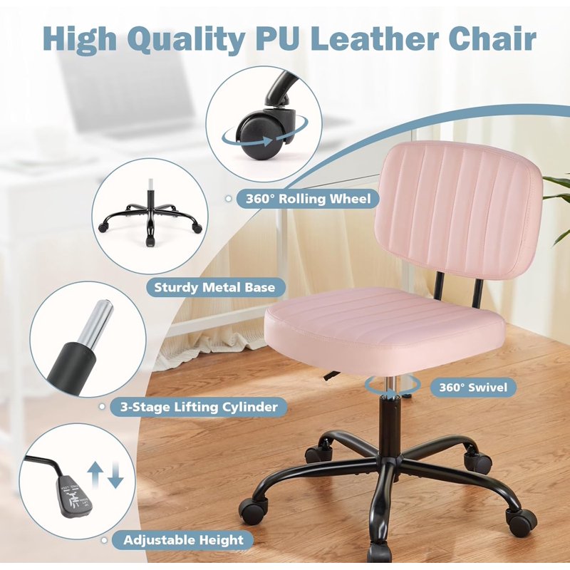 Armless Vanity Chair for Makeup & Home Office - Pink, Adjustable, Swivel