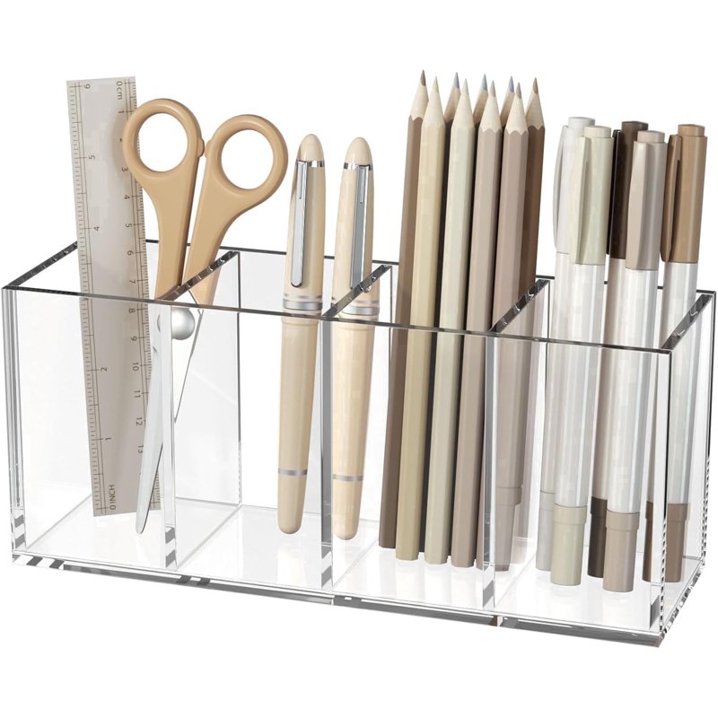 Clear Acrylic Pen Holder with 4 Compartments - Desk Organizer for Office, Makeup & Art Supplies
