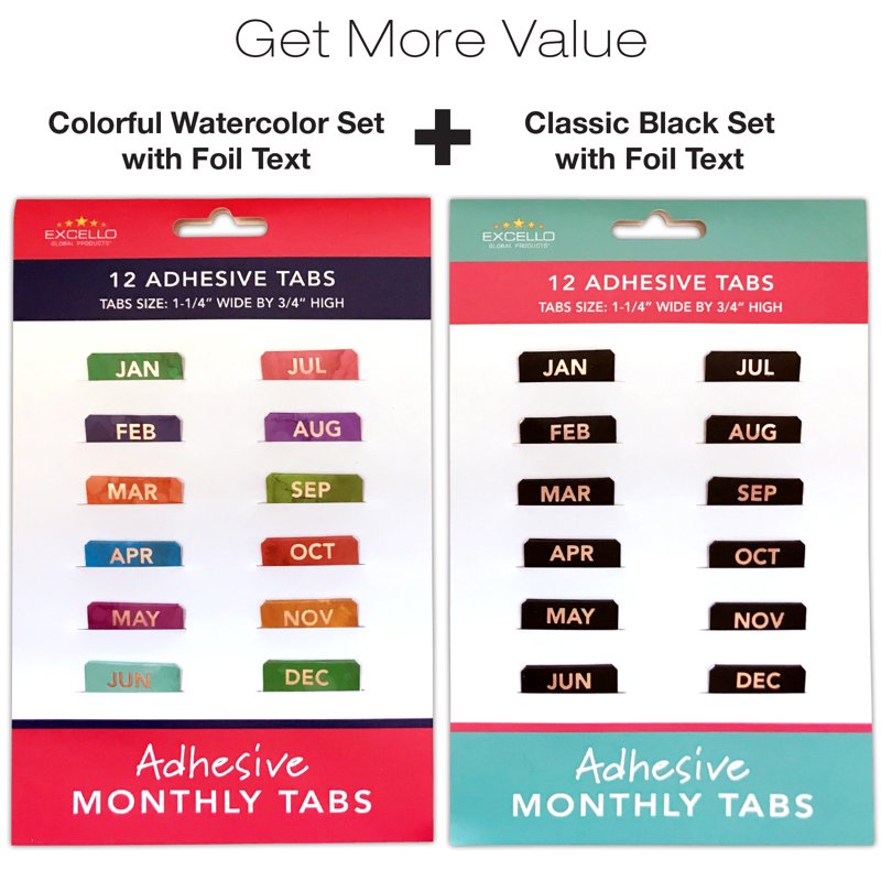 Monthly Adhesive Tabs Set - Black and Colorful Self-Adhesive Organizer Labels