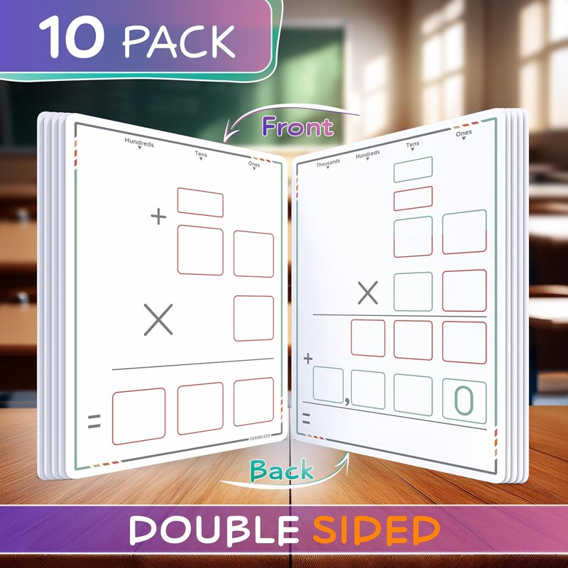 Double-Sided Dry Erase Sheets for Multiplication Practice - 9” x 12”, 10-Pack