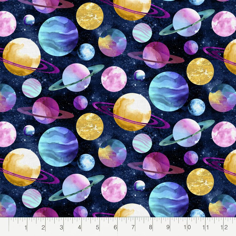 Cotton Planet Fabric - Navy Space Scene for Sewing & Craft Projects - 1 Yard