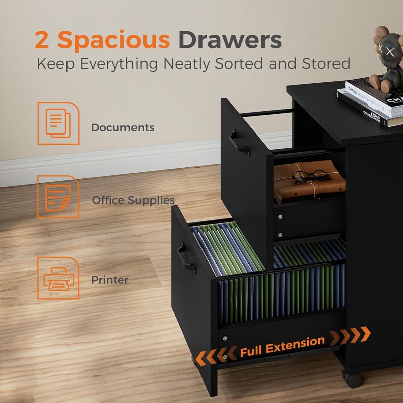 2-Drawer Mobile File Cabinet with Lockable Wheels, Space Saver for Office or Home