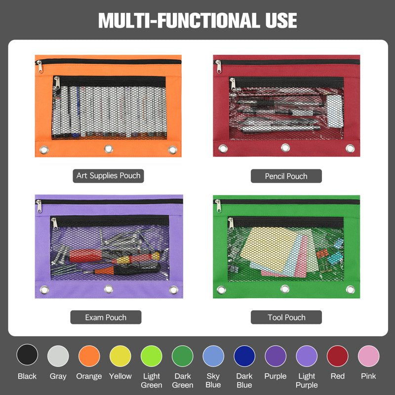 Large 3-Ring Binder Pouch with Zipper for Office & School Supplies - 12 Pack