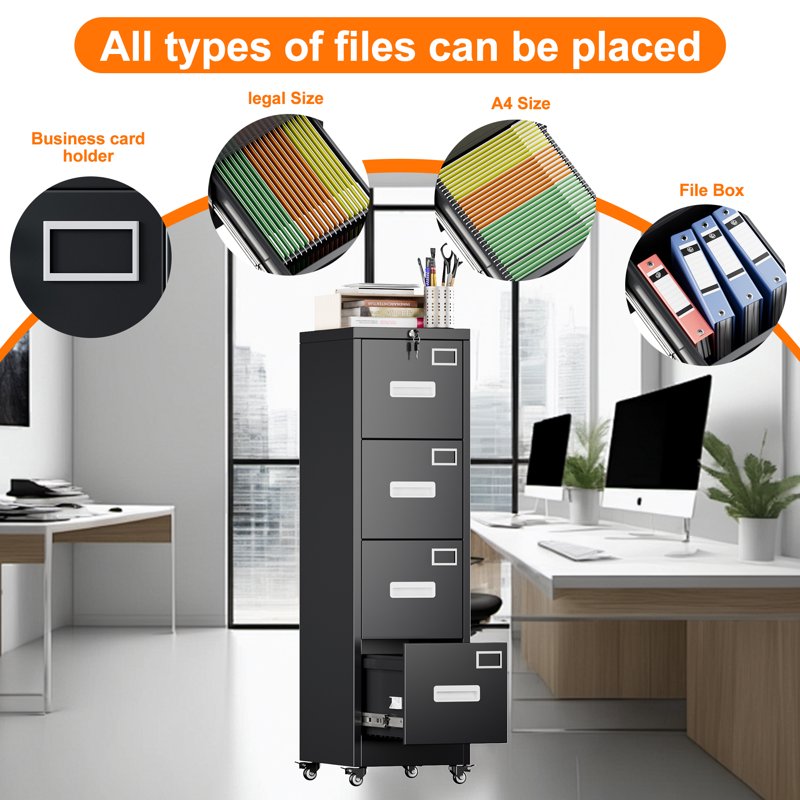 Vertical File Cabinet with 4 Locking Drawers and Wheels - Office & Home Storage Solution