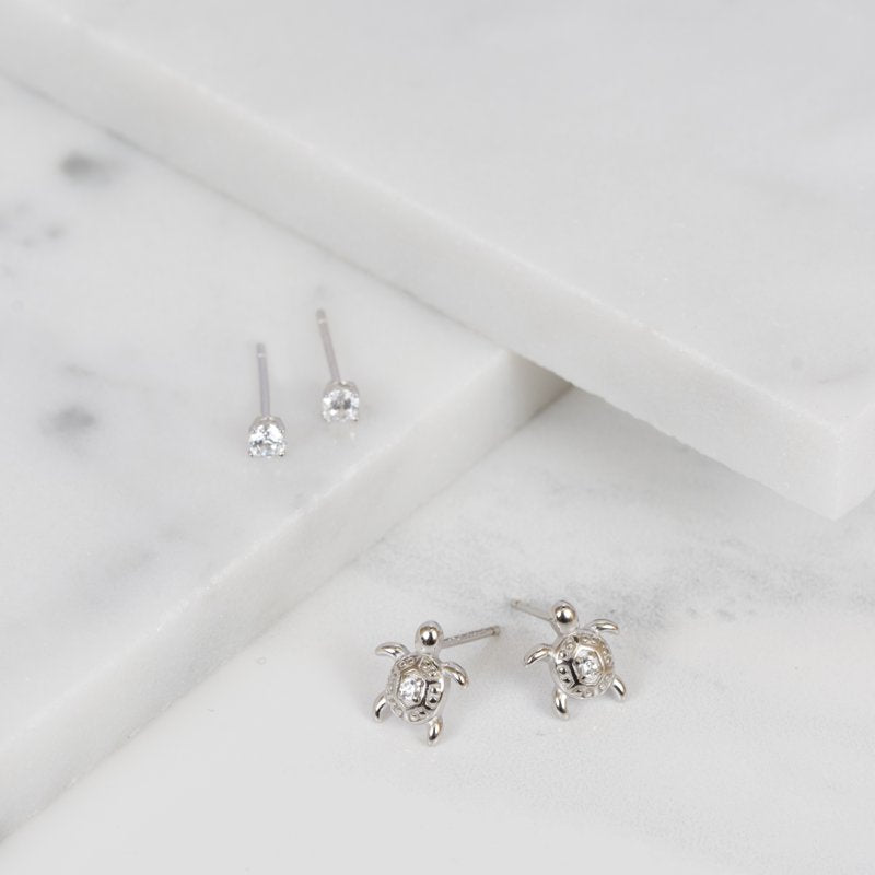 Sterling Silver Cubic Zirconia & Turtle Stud Earrings Set for Women & Teens